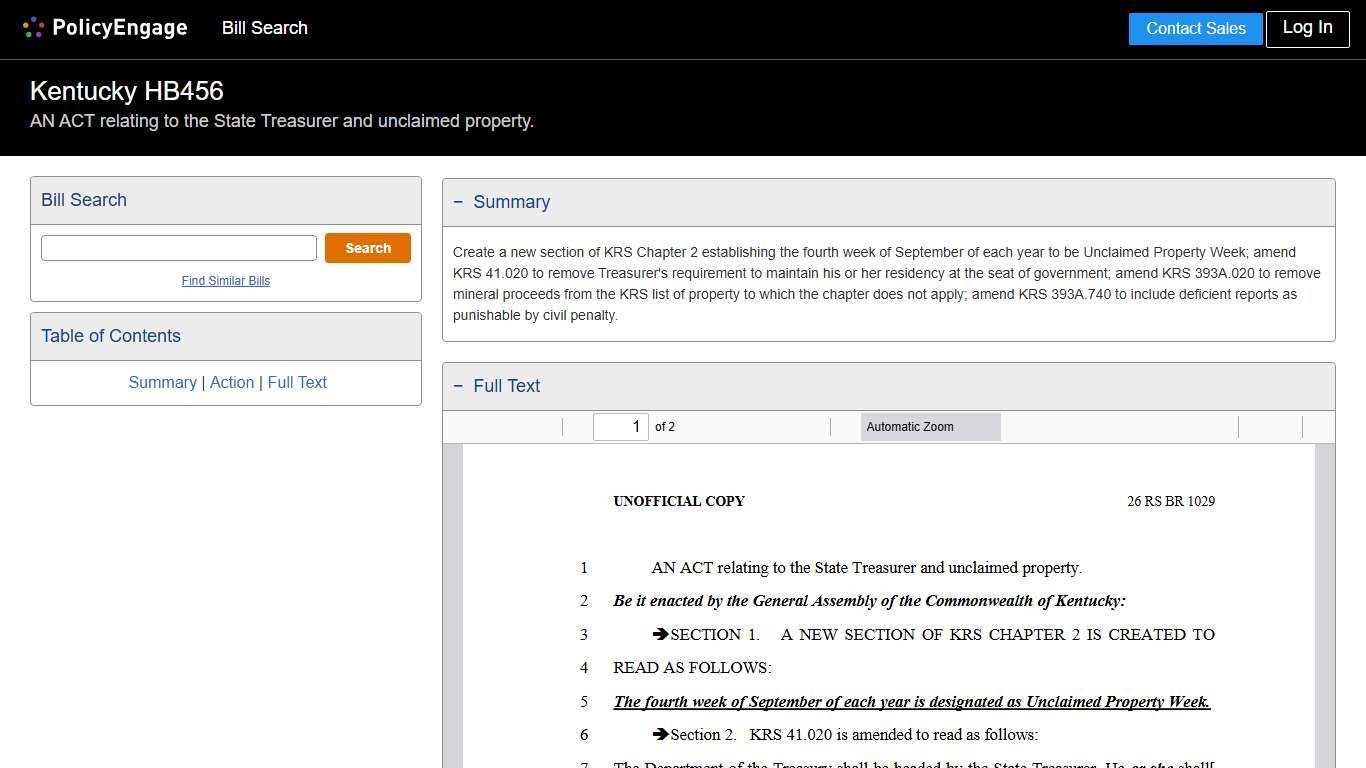 HB456 Kentucky 2026 AN ACT relating to the State Treasurer and unclaimed property. - Legislative Tracking PolicyEngage